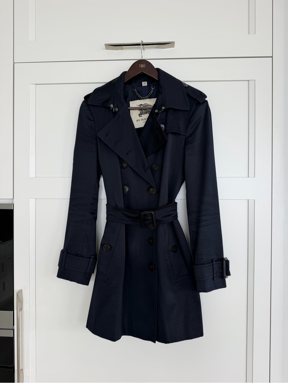 Burberry Dark Navy Double-Breasted Trench Coat with Belt